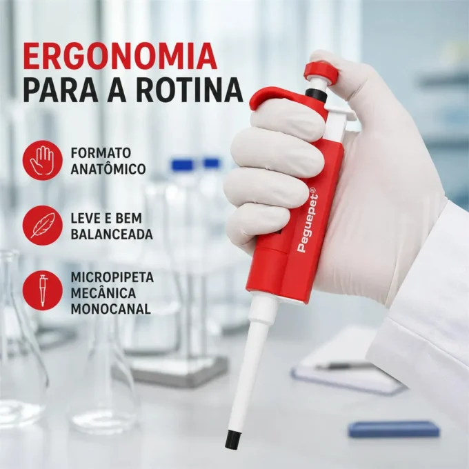 Micropipeta 100–1000 µL transferindo liquido em bancada laboratorial