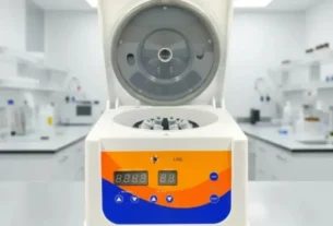 Centrífuga Firstlab 4000 rpm 8 tubos com display LED em bancada de laboratório