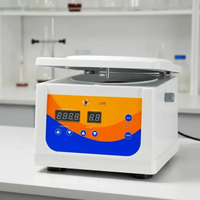 Centrífuga Firstlab 4000 rpm com tampa aberta mostrando o rotor de ângulo fixo