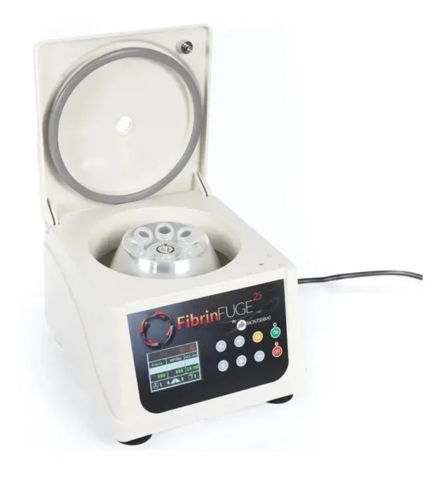 FibrinFuge 25 Montserrat com tampa aberta mostrando o rotor de 8 tubos